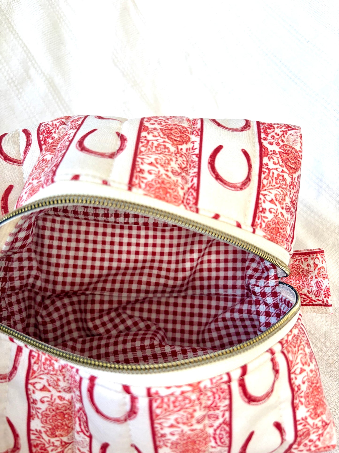 Red Floral Horseshoe Quilted Makeup Bag