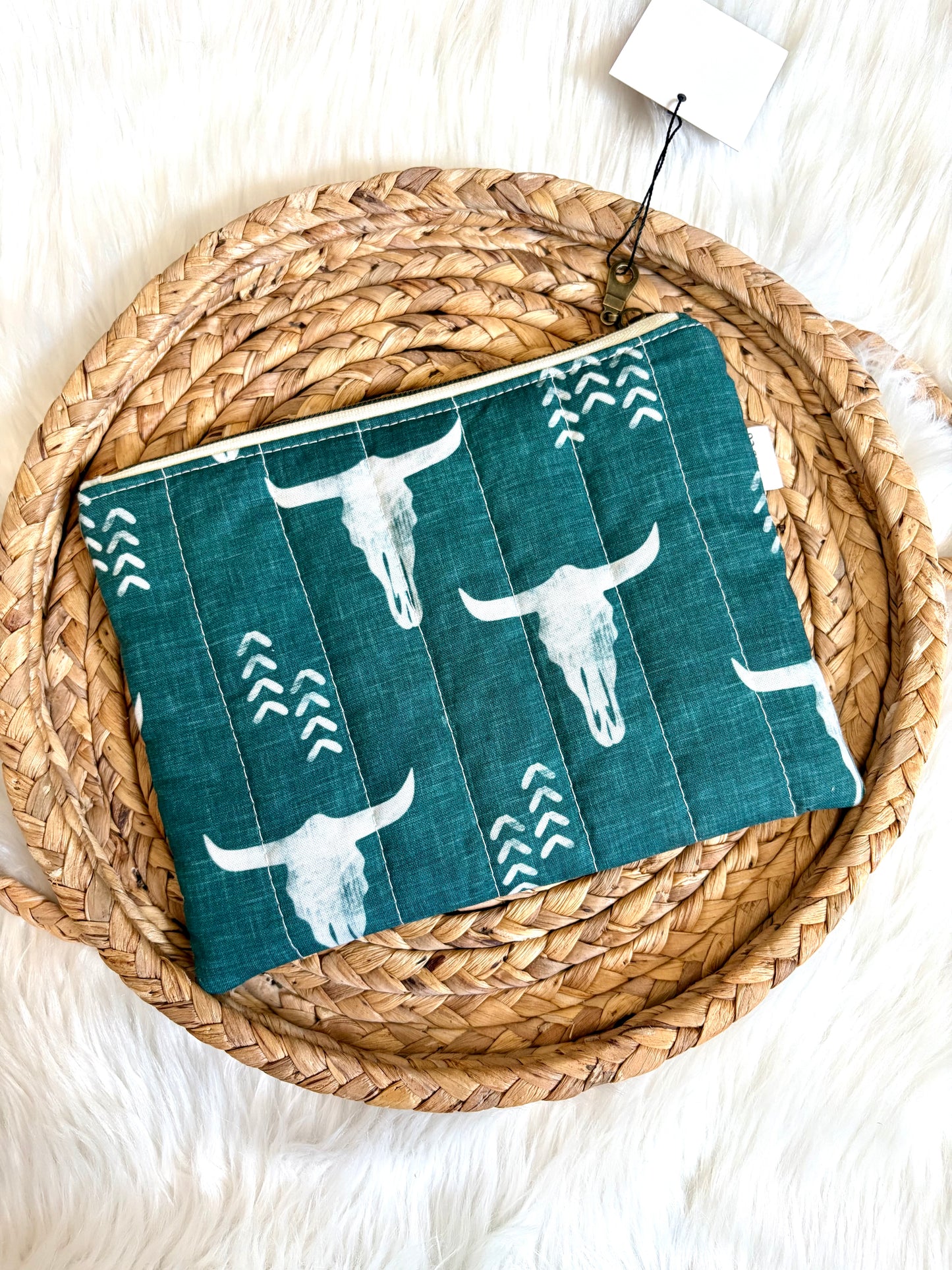 Dark Teal Bull Skull Quilted Zip Pouch