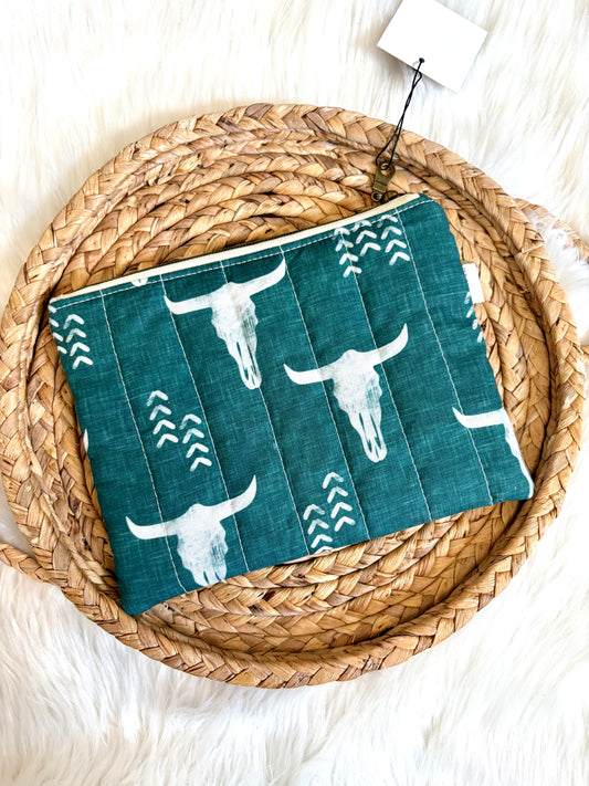 Dark Teal Bull Skull Quilted Zip Pouch