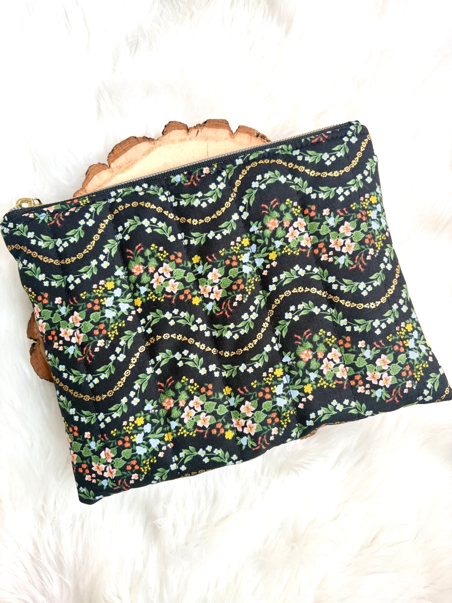 Dark Wavy Floral Quilted Zip Pouch