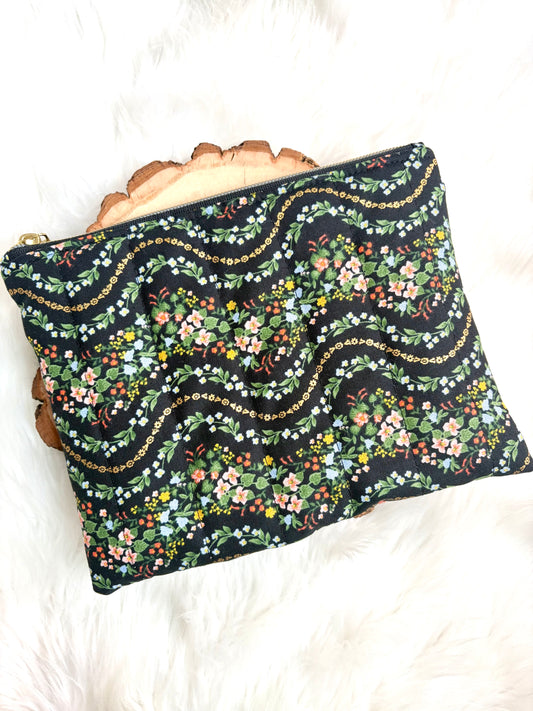 Dark Wavy Floral Quilted Zip Pouch