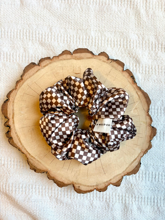 Chocolate Check Large Satin Scrunchie