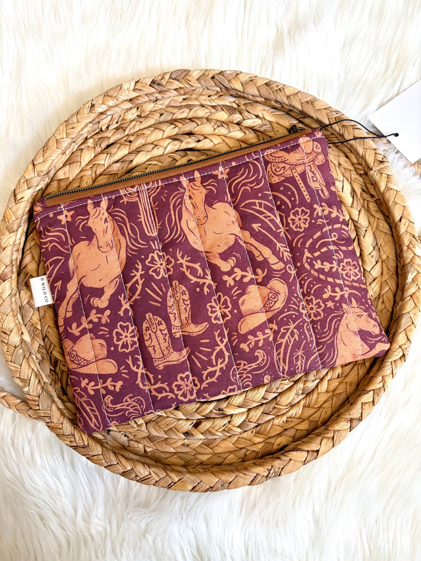 Dark Red Western Quilted Zip Pouch