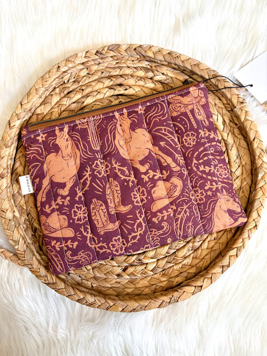 Dark Red Western Quilted Zip Pouch