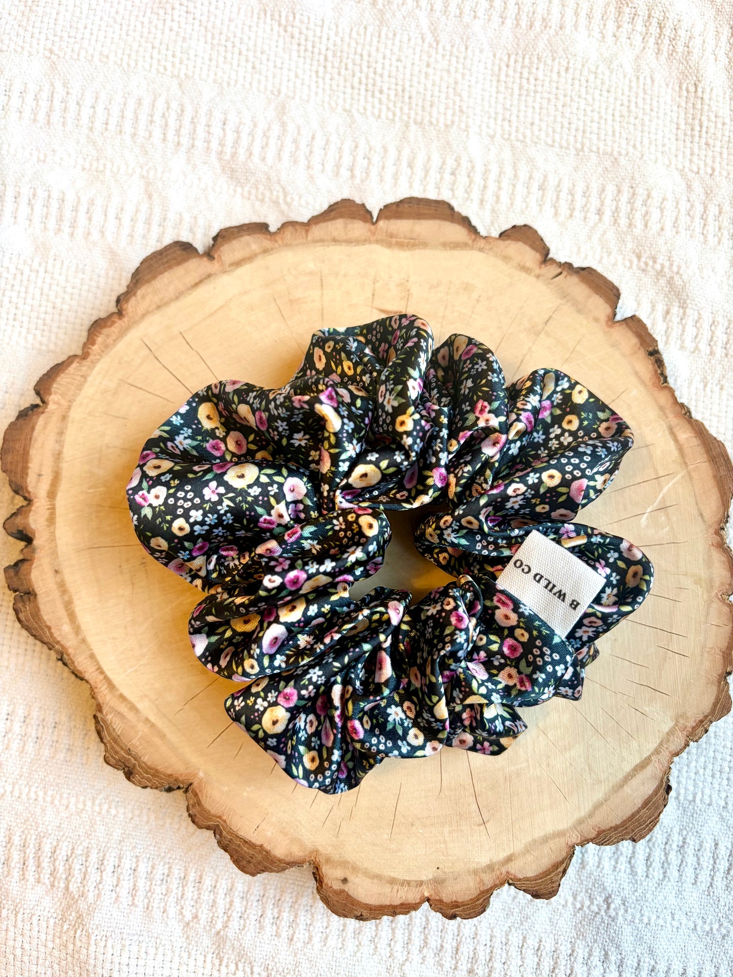 Black Floral Large Satin Scrunchie