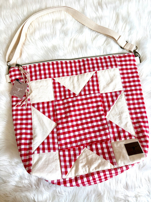 Red Gingham Quilted Star Slouchy Bag