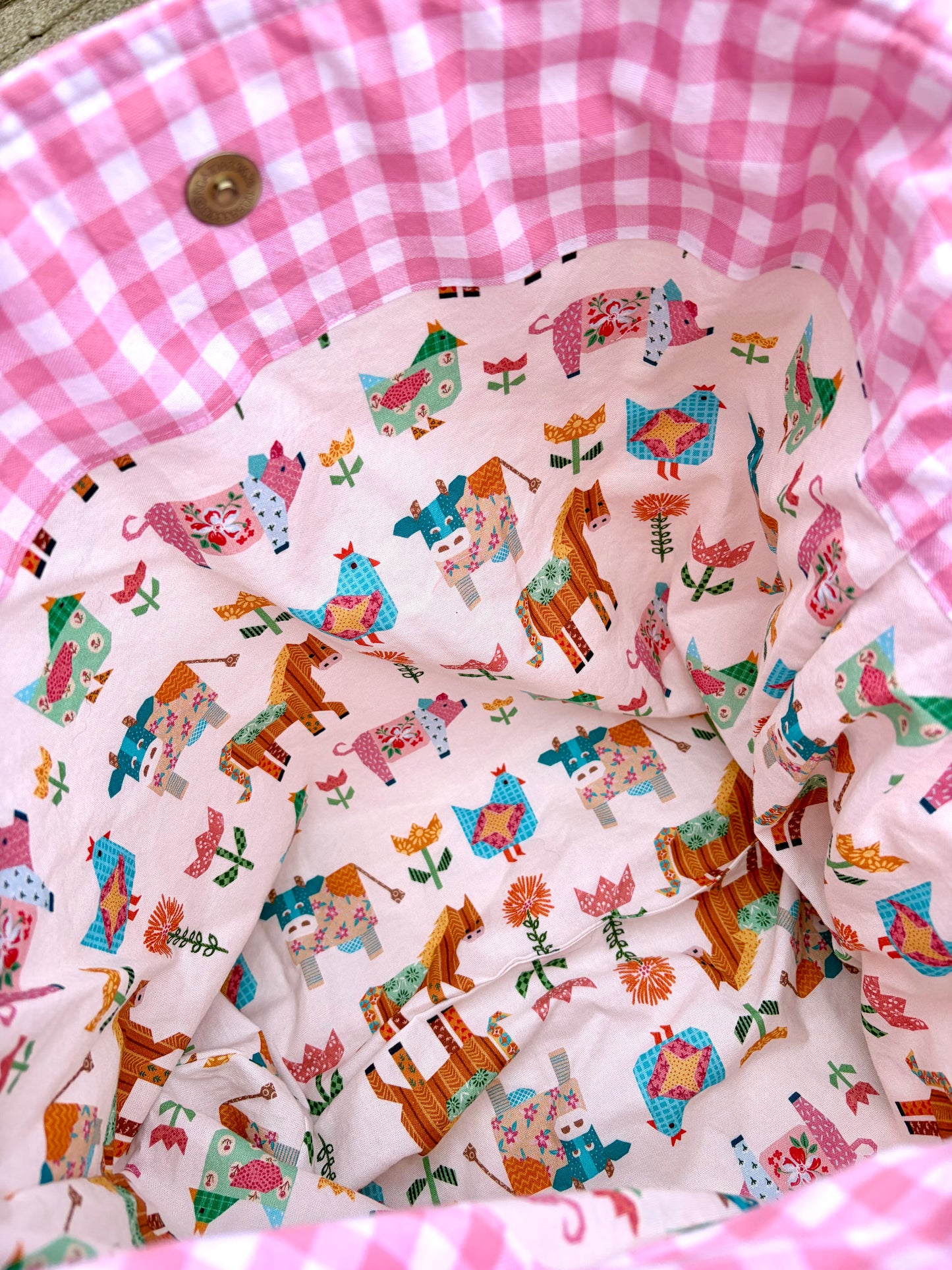 Pink Gingham Farm Quilted Slouchy Tie Bag