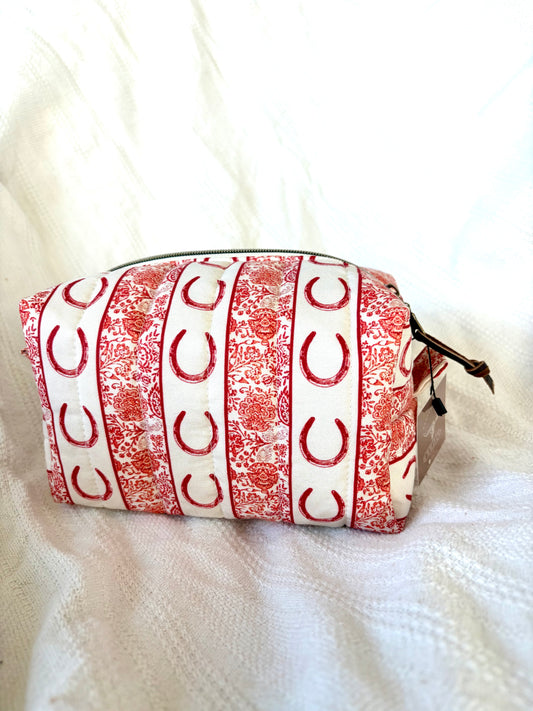 Red Floral Horseshoe Quilted Makeup Bag